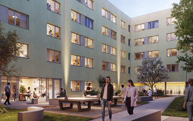 Cour intérieure de la résidence étudiante Campus Arena à Schiltigheim, près de Strasbourg